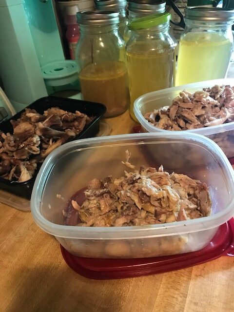 I made chicken for the dog's food. Just deboned, saved the broth and separated out the fat for  neighbor dog that is neglected. Bones will b used to make more broth and will skim fat off the broth  to cook with.