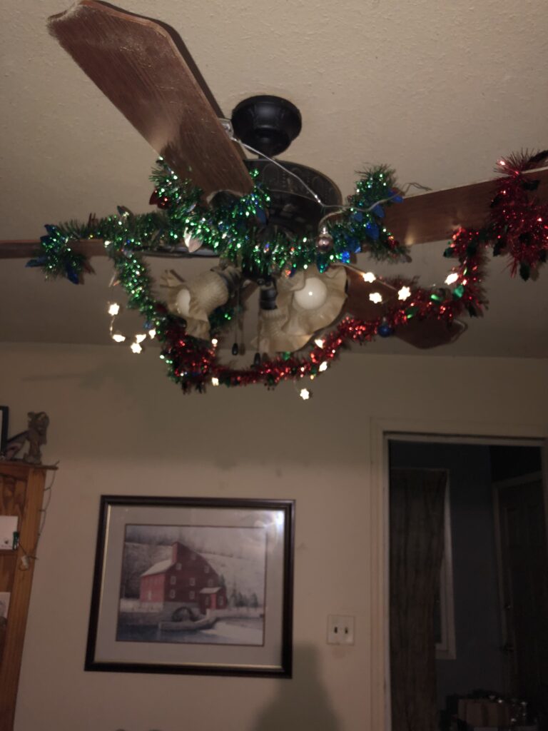 Christmas decor on the fan to avoid cats toppling the tree this year 